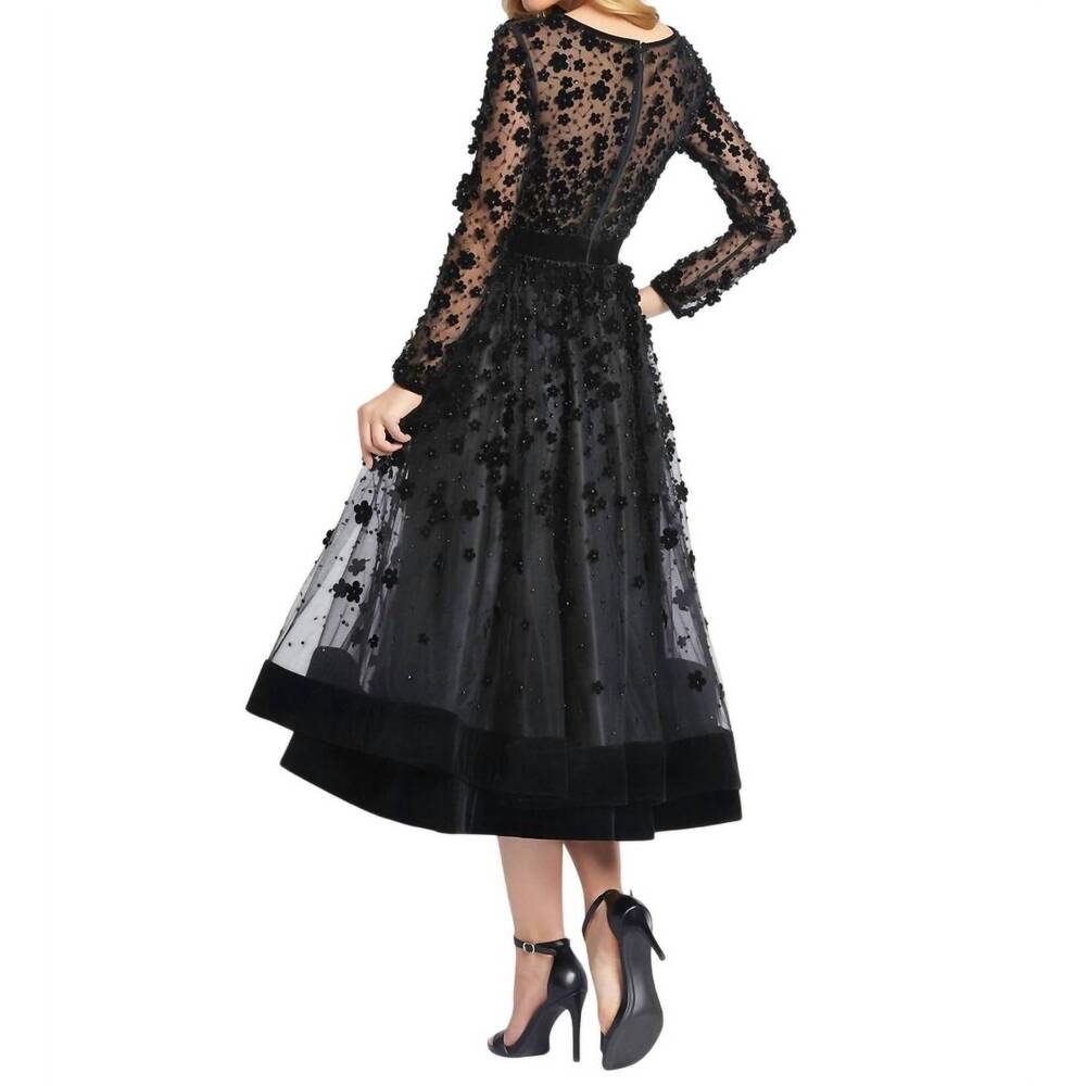 NEW MAC DUGGAL long sleeve tea-length formal dress in black - Picture 3 of 5